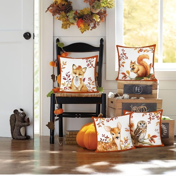 4 Fall woodland animals pillow pillowcovers pillowcase set fox deer squirrel owl - Picture 2 of 5